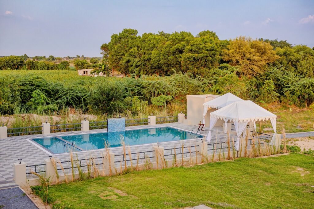 The swimming pool and poolside gazebos at Jawai Heaven