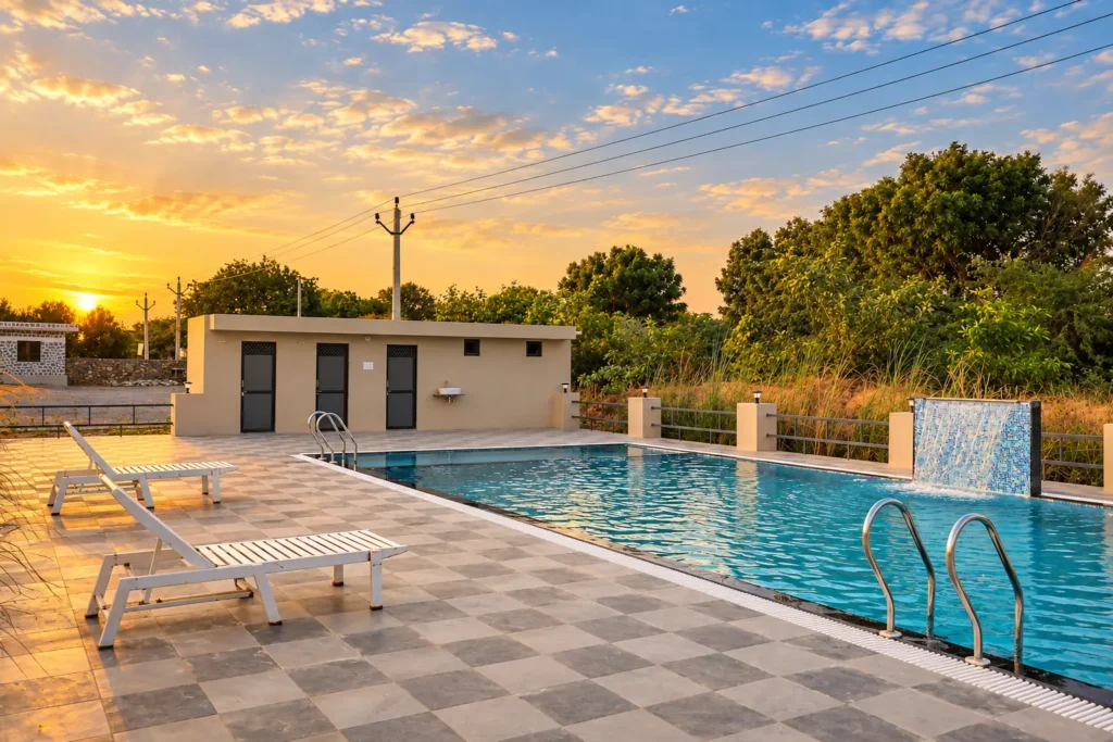 The swimming pool at dusk, Jawai Heaven