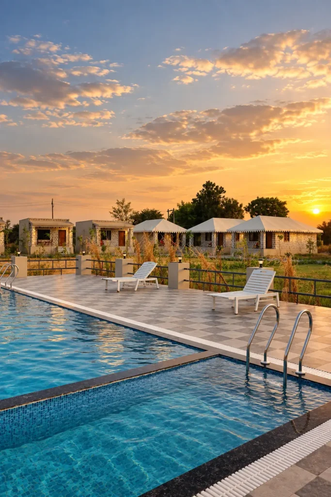 Pool and tents at sunset, Jawai Heaven