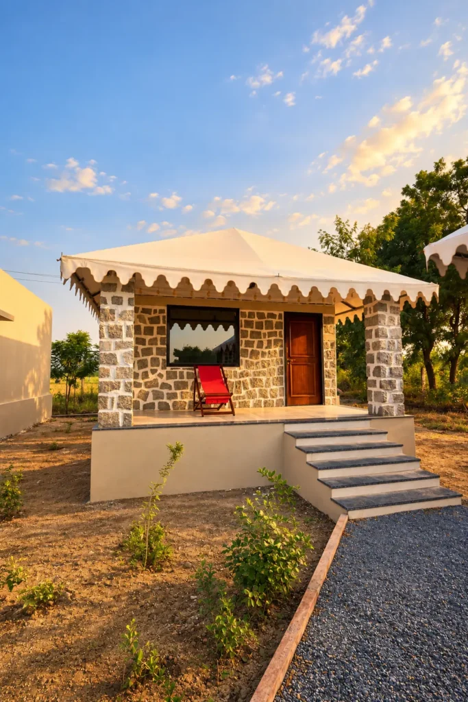 Tent cottage with a stone base and canvas roof, Jawai Heaven